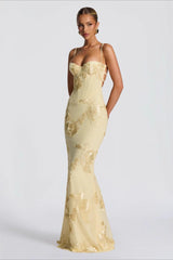 Floral Applique Backless Maxi Formal Dress