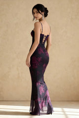 Floral Bodycon Lace Up Mesh Maxi Dress