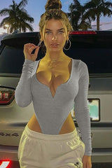 Ribbed V Neck Slim Solid Long Sleeve Bodysuit