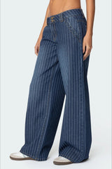 Low-Rise Striped Vintage Wide-Leg Denim Jeans