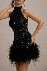 Sexy Sleeveless Bodycon Glitter Fur Sequin Cocktail Dress