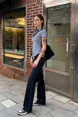 Blue Plaid Fitted Polo Collar Short Sleeve Blouse