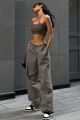 Drawstring Waist Slimmed Simple Loose Cargo Pants