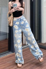 Washed Floral Print Baggy Jeans