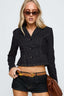 Denim Lapel Waist Cinched Cropped Blouse