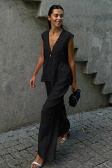 Cotton V Neck Sleeveless Vest Pants Two Piece Set