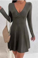 Knit V Neck Waist Cinched A Line Long Sleeve Sweater Dress