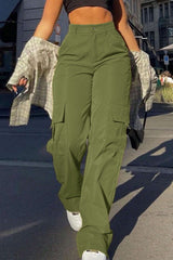 Street Style High Waist Multi Pocket Cargo Straight Loose Pants