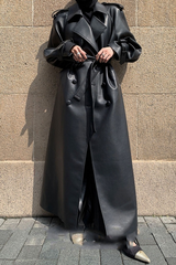 Layered PU Leather Waist-Cinching Long Overcoat