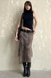 Leopard Print Sheer Mesh High Waist Skirt
