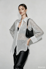 Sequin Collared Long Sleeve Glamorous Blouse