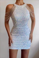 Sexy Crystal Fringe Halter Sequin Bodycon Cocktail Dress