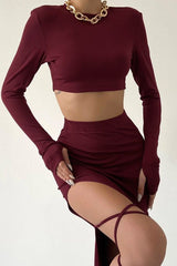 Solid Crew Neck Long Sleeve Tie Waist Skirt Two Piece Set