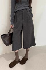 Wool Blend High Waist Ankle Crop Wide Leg Relaxed Pants
