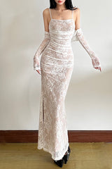 Fish Tail Square Neck Lace Dress