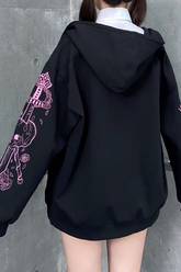 Printed Zip Vintage Black Casual Sporty Hoodie