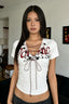 Letter Print Lace-Up V-Neck Fitted Crop Top