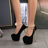 Black solid round head wedding Thin high heel pearl chain High Heel
