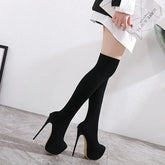 Sleek Black Thigh High Long Socks Platform Slim Elastic High Heel