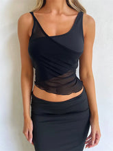 Mesh Sheer See Through Patchwork Exposed Navel Summer Streetwear Women Irregular Hem Black Mini Vests Crop Top