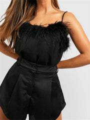 Women Elegant Sleeveless Strap Fur Patchwork Summer Vest Party Club Streetwear Solid Color 2024 Crop Top