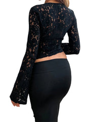 Lace Floral Hollow Out Cropped Long Flare Sleeve V-neck Slim Fit Solid T-shirts