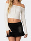 Off-Shoulder Crop Knitwear Solid Color Long Sleeve Tie-up Slim Fit T-shirts