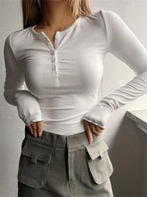 Spring Autumn Knitted Long Sleeve Solid Color Buttons Up Ribbed V-neck Streetwear T-shirts