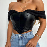CHRONSTYLE Women Tube Top Cropped Vest 2024 Sleeveless PU Leather Back Zipper Exposed Navel Mesh Yarn Sleeve Suspender Tank Crop Top
