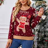 Cute Sweet Gingerbread Man Pattern Loose Fitting Casual Christmas Sweater Burgundy / S Sweaters-L