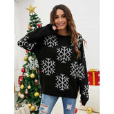Oversized Winter Casual O Neck Long Sleeve Snowflake Embroidery Christmas Sweater Black / S
