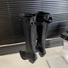 2024 Winter Belt Buckle Pointed Toe Vintage Square Low Heels Knee High Boots