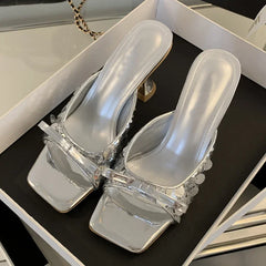 Sequined Square Toe Women Slippers Butterfly-knot Elegant High Dress Shoes Low Heel Pumps