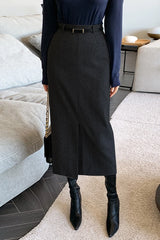 Elegant Striped Faux Wool Belted Casual High Waist A-Line Skirt