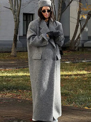 Fashion Turn Down Collar Long Sleeve Lady Long Solid Pocket Breasted Coat