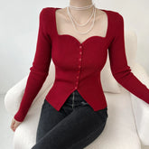 Vintage Long Sleeve Square Collar Slim Fashion Red Christmas Sweater / S Sweaters-L