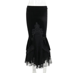Goth Dark Vintage Mall Gothic Ruffles Mermaid Grunge Aesthetic Lace Hem Midi Women Elegant Skirt