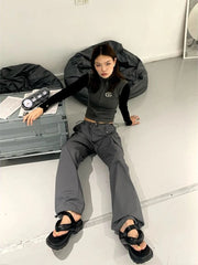 Hippie Vintage Gray Cargo Y2K Streetwear Baggy Techwear Wide Leg Sweatpant