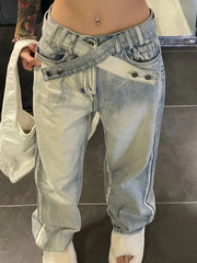 Baggy Blue Women Korean Style Retro Distressed Oversized Pant