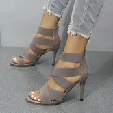 Stylish Khaki Super High Heel Open Toes Elastic Crossover Zipper High Heel