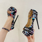 Trendy Hand-Painted Leather Platform Peep Toe Strip High Heel