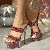 Dazzling Red 15CM Transparent Open Toe Sequined Platform High Heel