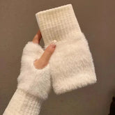 Luxury White Plush Knitted Fingerless Winter Writing Christmas Glove Gloves-L