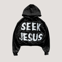 Letter Print Hooded Zip-Up Hoodie
