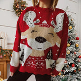 Long Sleeve Elk Snowflake Pattern Loose Knit Christmas Sweater Red / S Sweaters-L