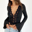 Lace Trim Long Sleeve V-neck Button Blouse