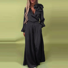 Satin Flower V-Neck Wide Leg Suit