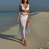 Transparent Mesh Solid Laced Up Skirt Three Piece Swim Sets