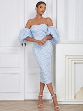 Flower Print Sky Blue V-Neck Bodycon Lace Dress