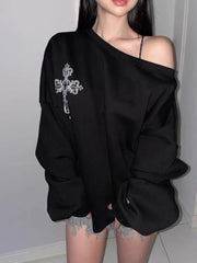 Dark Off Shoulder Pullover Hoodie